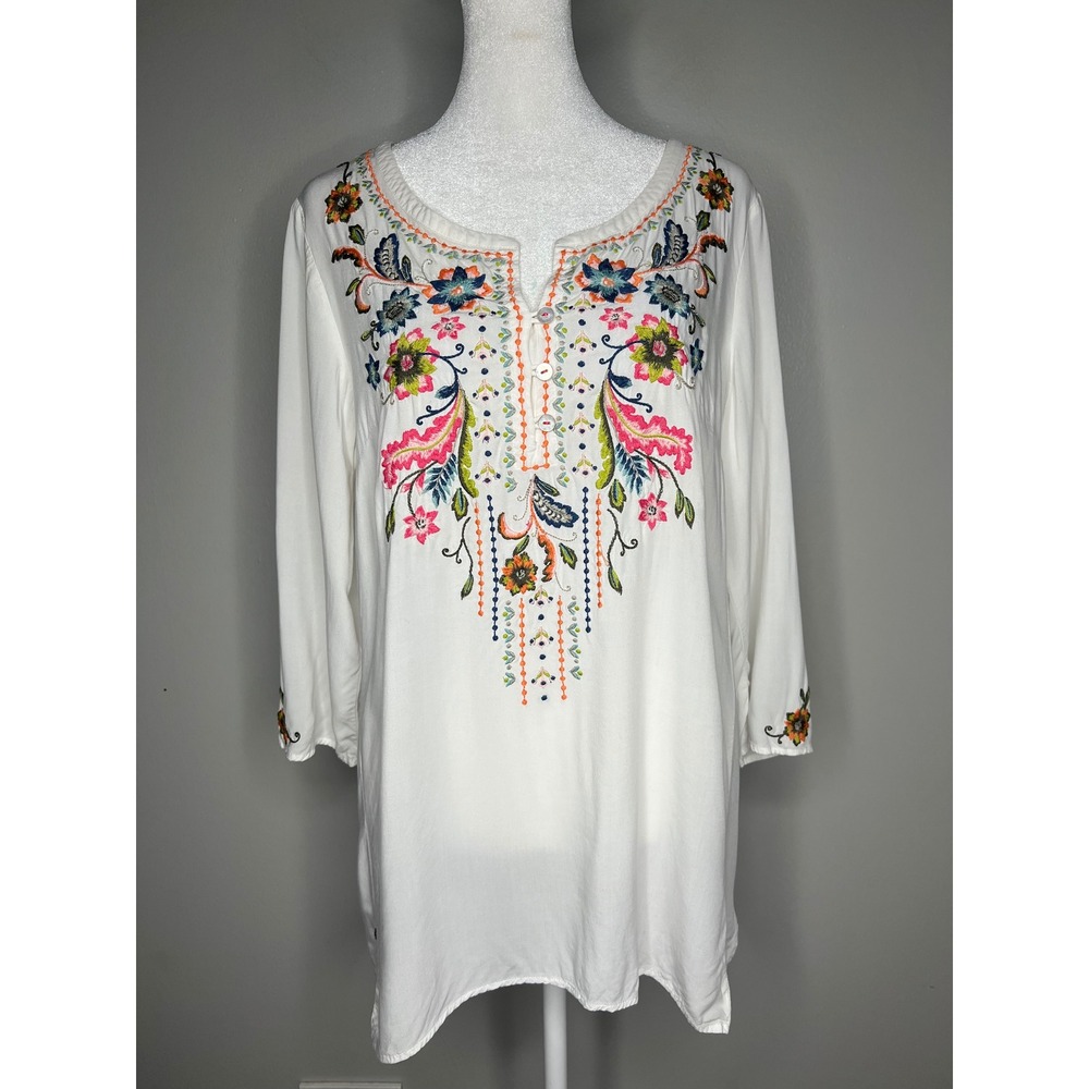 J. Jill Floral Embroidered Boho Tunic Viscose Peasant Top M/P Festival